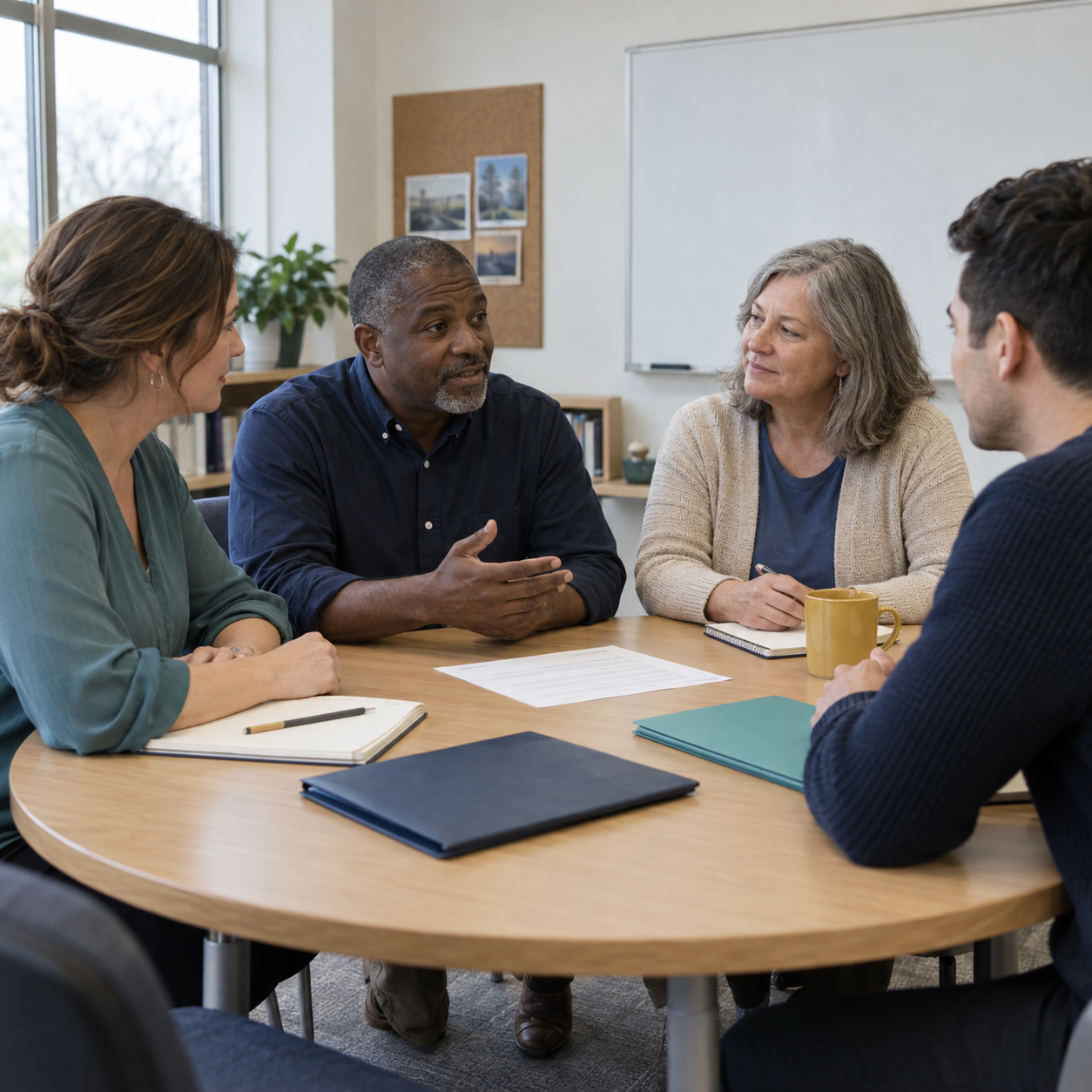 A multidisciplinary school team meeting around a table