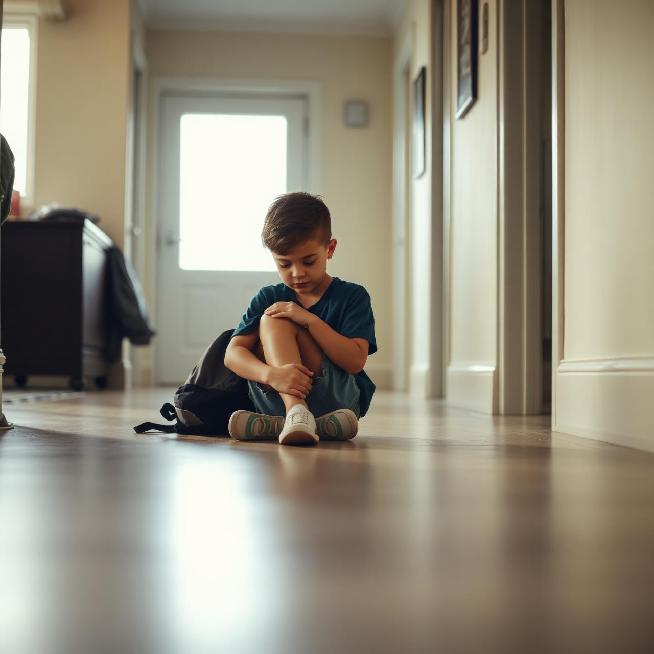 A child sitting alone on the hallway floor beside a school backpack