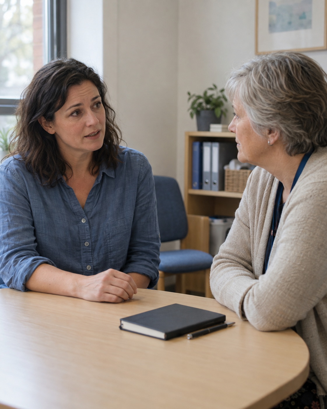 A parent and school professional talking together at a table