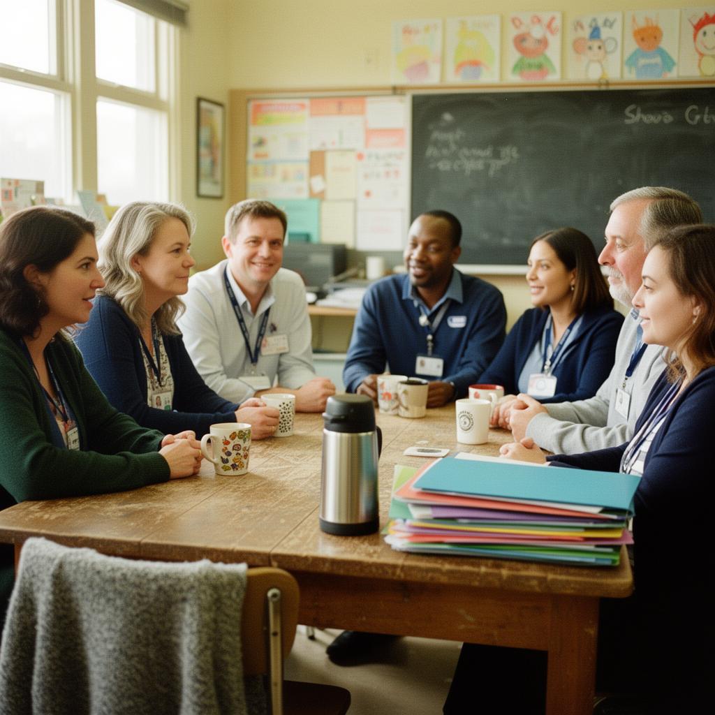 A diverse school support team collaborating around a table